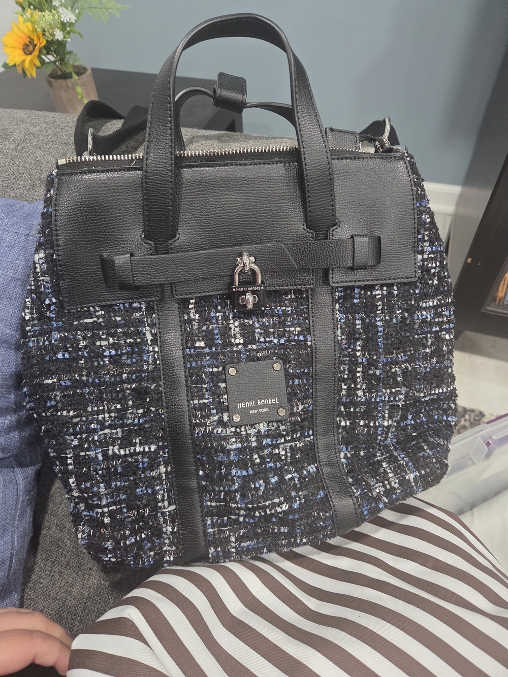 henri bendel Black Tweed Convertible Crossbody/backpack with Leather Trim